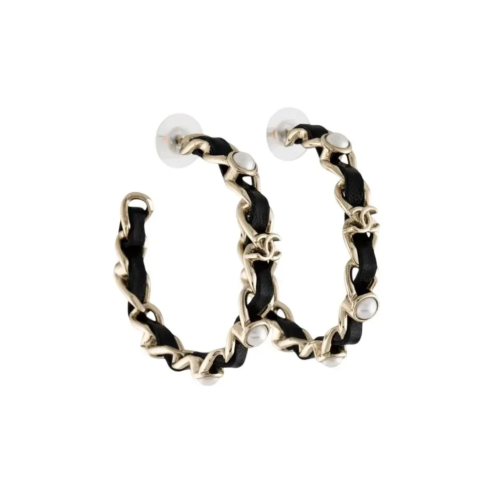 Chanel 2019 Faux Pearl Leather Interlocking CC Hoop Earrings